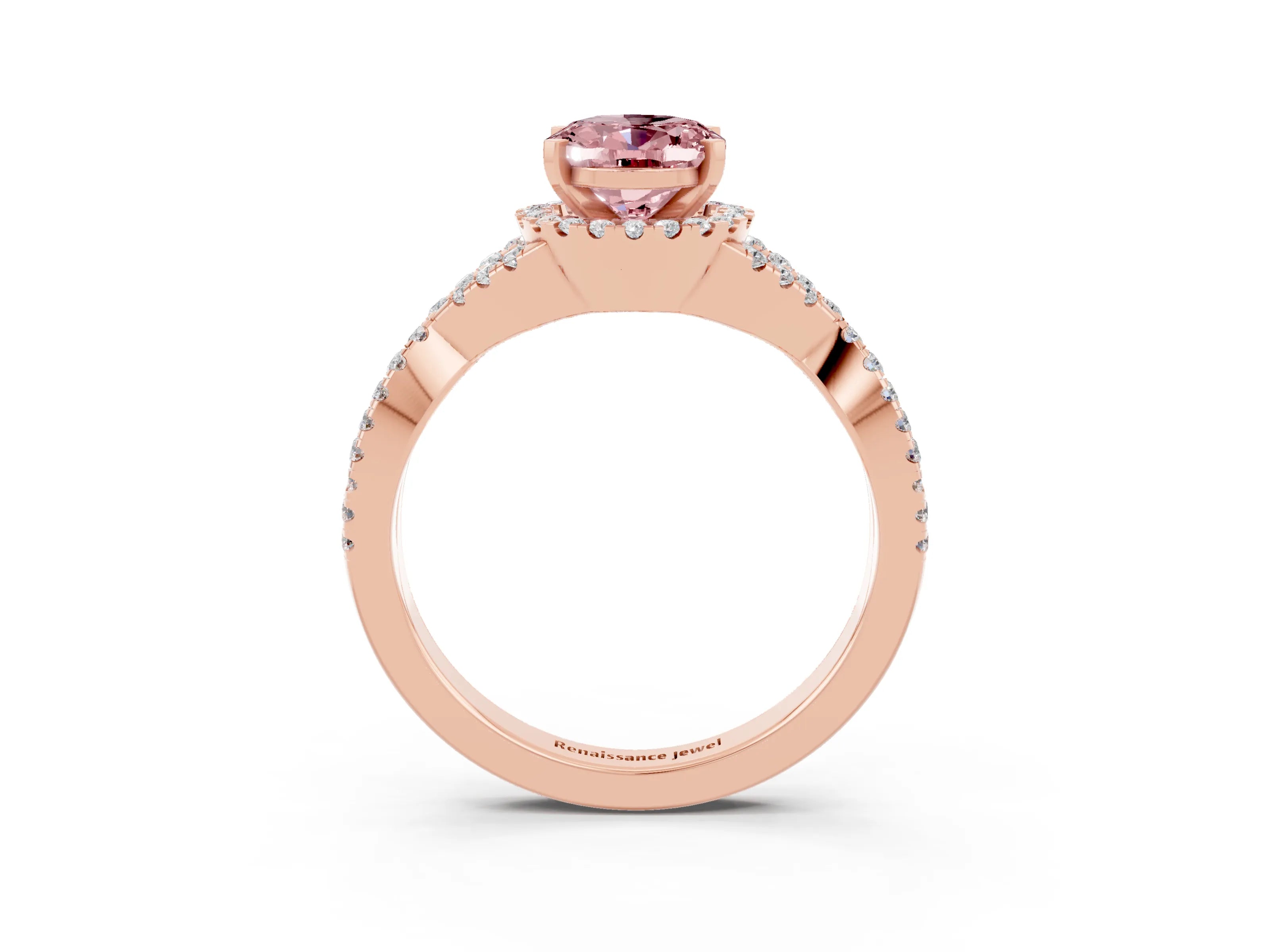 Rose gold Oval Cut Morganite Halo Twist Band Solitaire Prong Setting Ring_3
