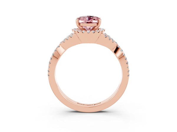 Rose gold Oval Cut Morganite  Halo Twist Band Solitaire Prong Setting Ring