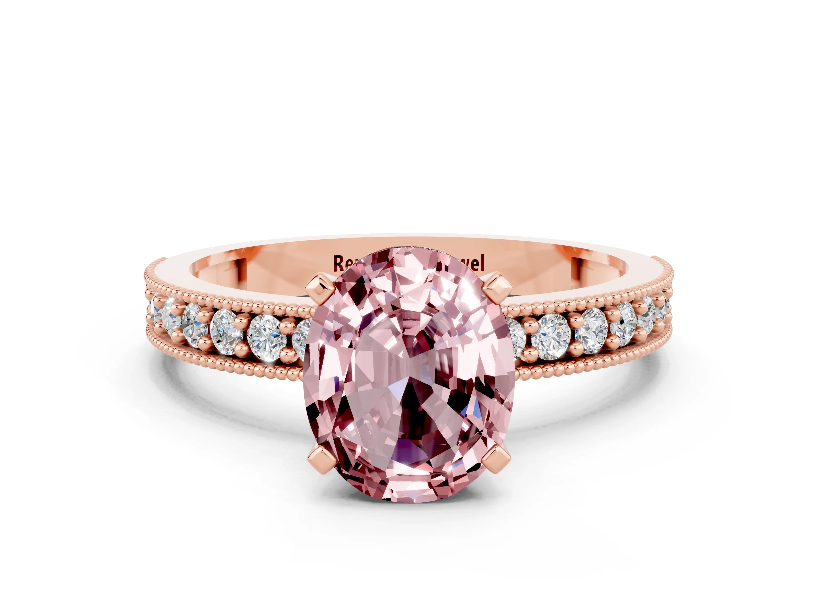 Rose gold Oval Cut Morganite Milgrain Pavé Engagement Ring with Four-Prong Setting_12