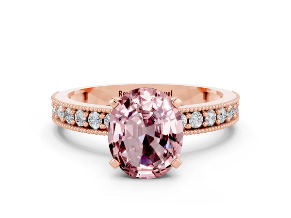 Rose gold Oval Cut Morganite Milgrain Pavé Engagement Ring with Four-Prong Setting