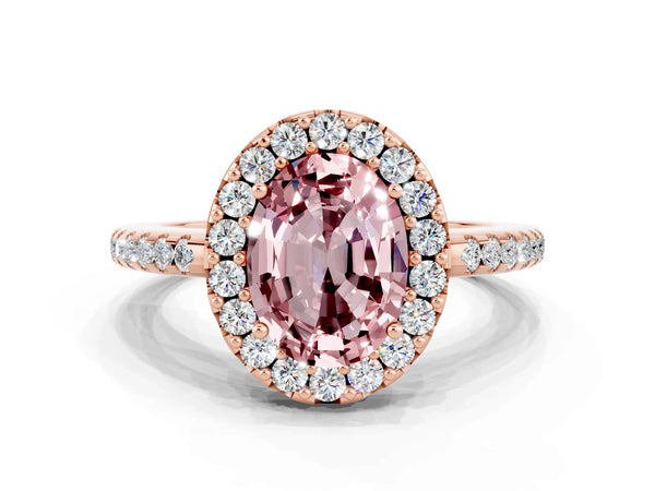 Rose gold Oval Cut Morganite Pavé Halo Ring with Four-Prong Setting