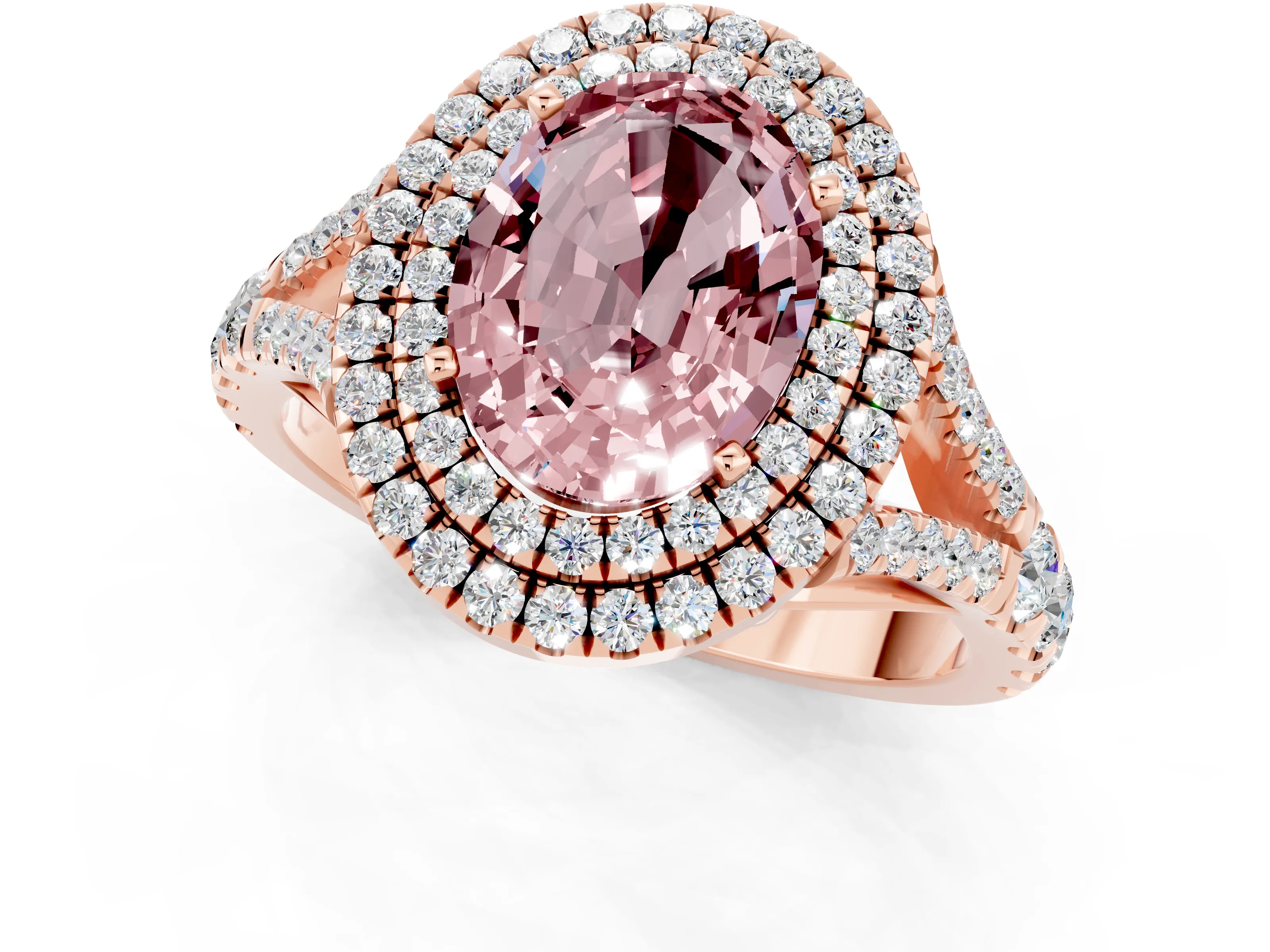 Rose gold Oval Cut Morganite Pavé Split Shank Double Halo Engagement Ring_1