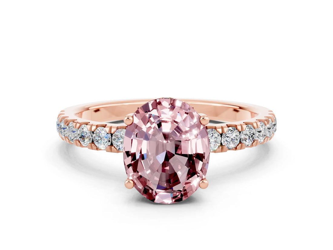 Rose gold Oval Cut Morganite Pave Band Solitaire Ring with Four-Prong Setting_24