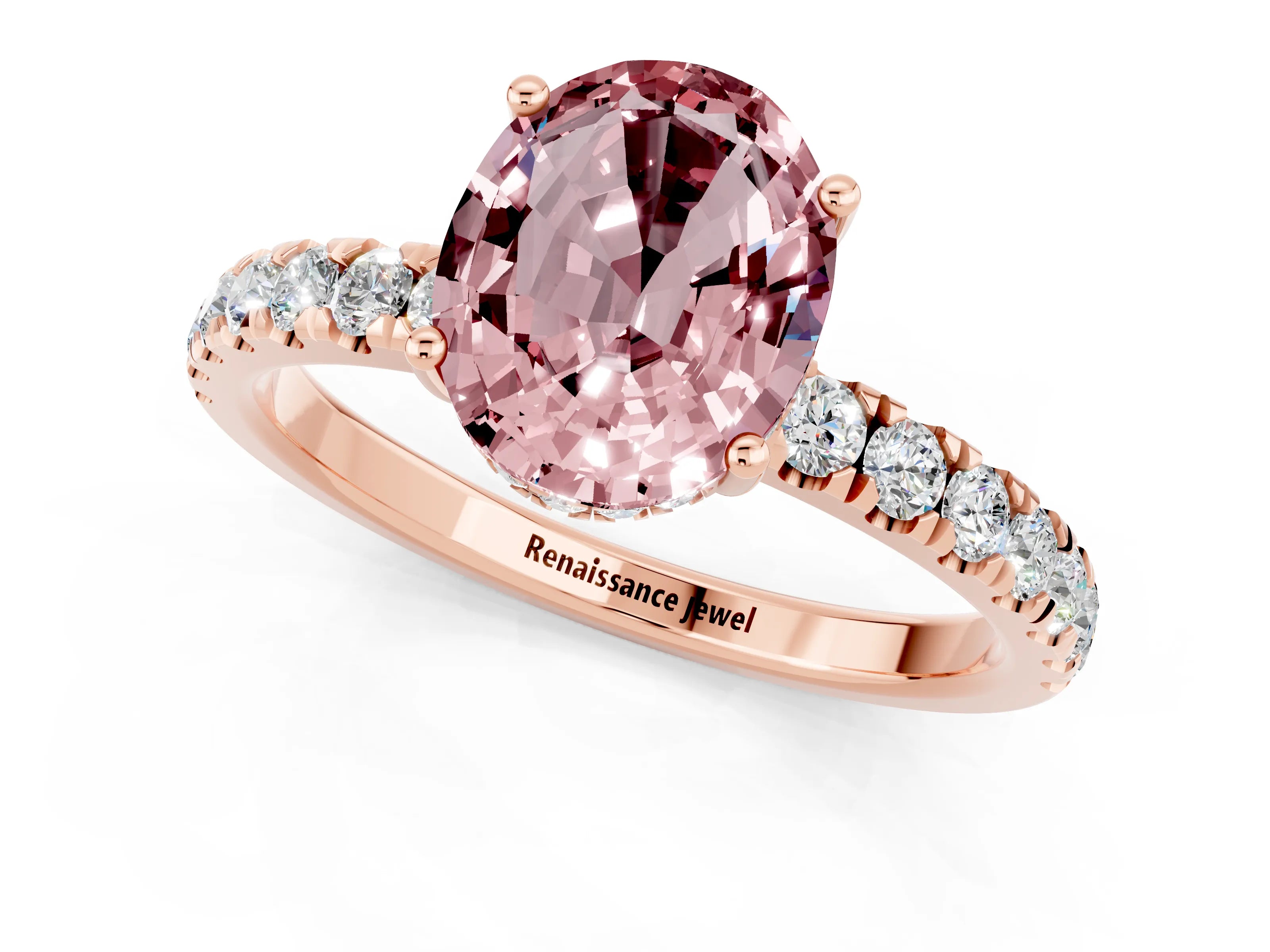Rose gold Oval Cut Morganite Pave Band Solitaire Ring with Four-Prong Setting_25