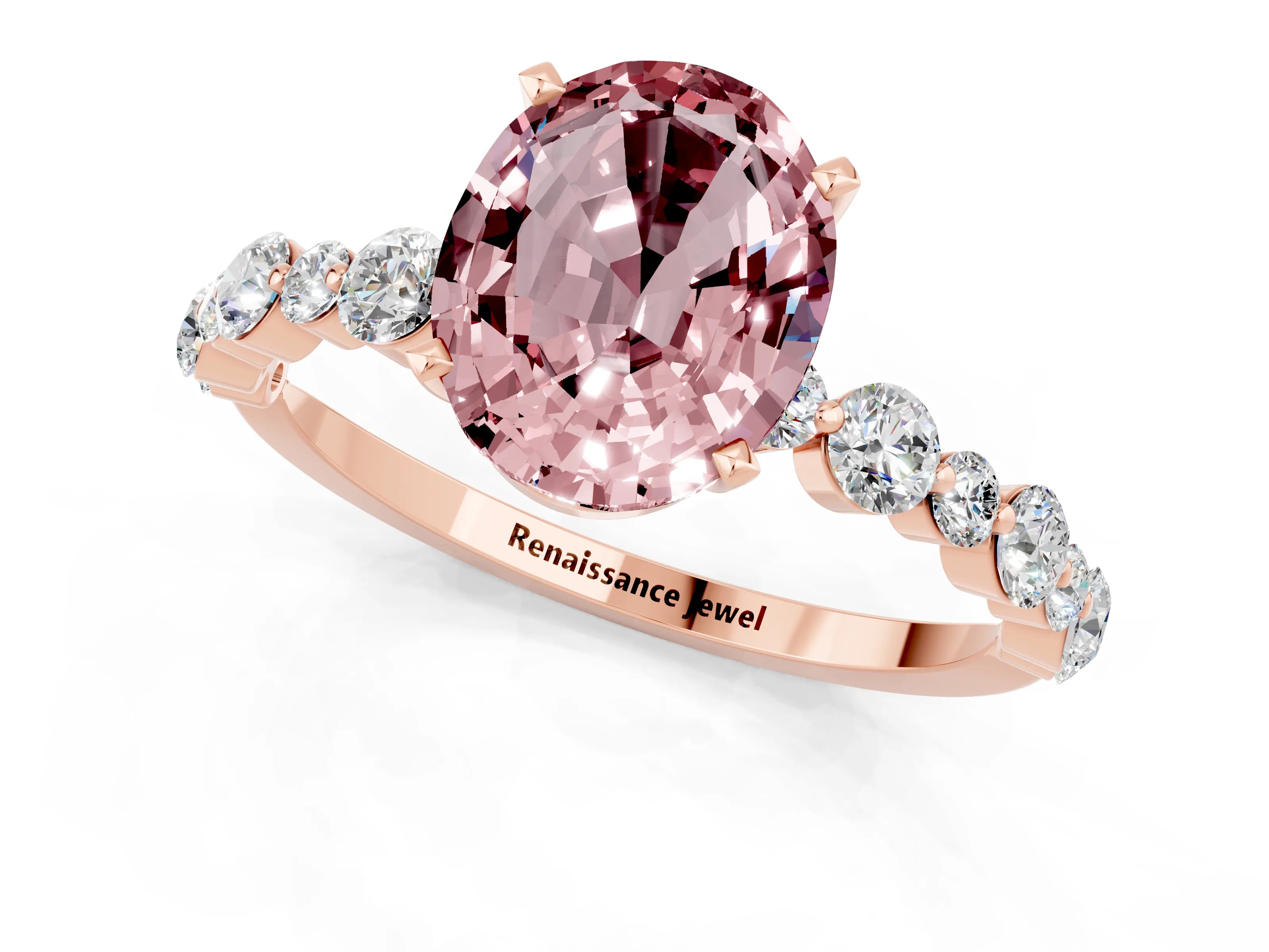 Rose gold Oval Cut Morganite Prong Set Engagement Ring with Pavé Band_1