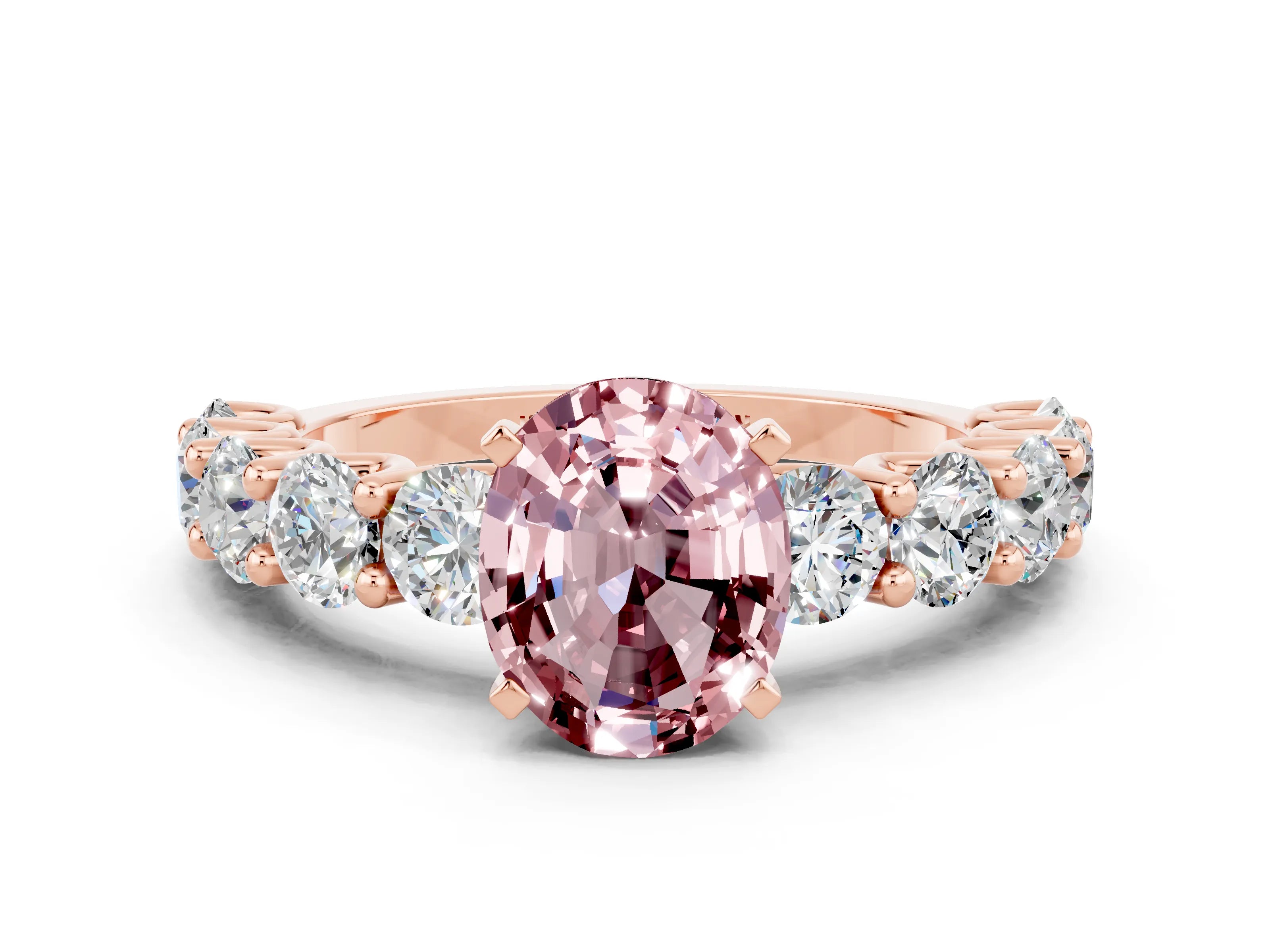 Rose gold Oval Cut Morganite Prong Setting with Side Stones on a Pave Band