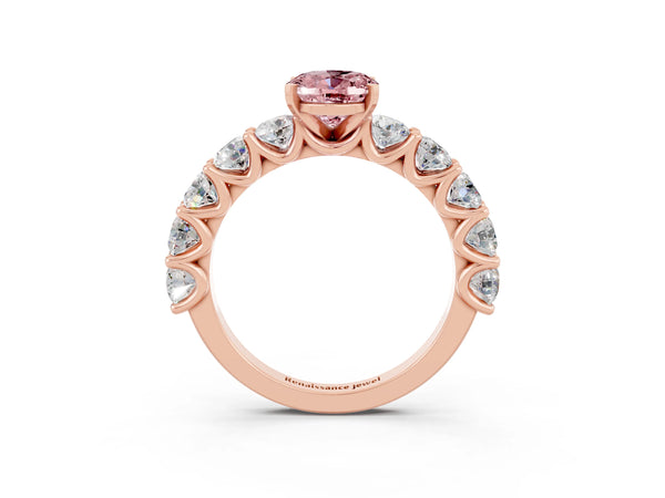 Rose gold Oval Cut Morganite Prong Setting with Side Stones on a Pave Band