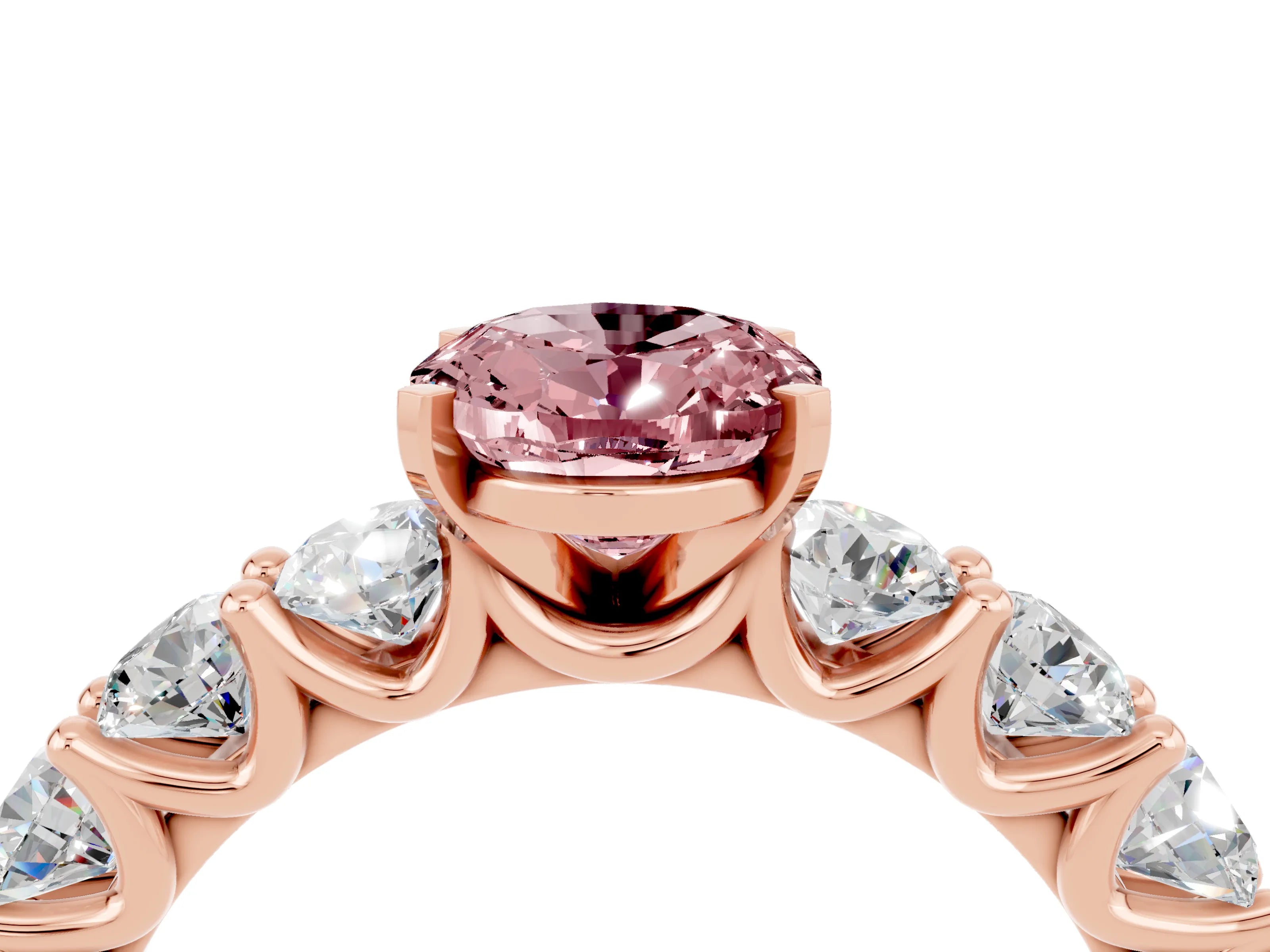Rose gold Oval Cut Morganite Prong Setting with Side Stones on a Pave Band_4