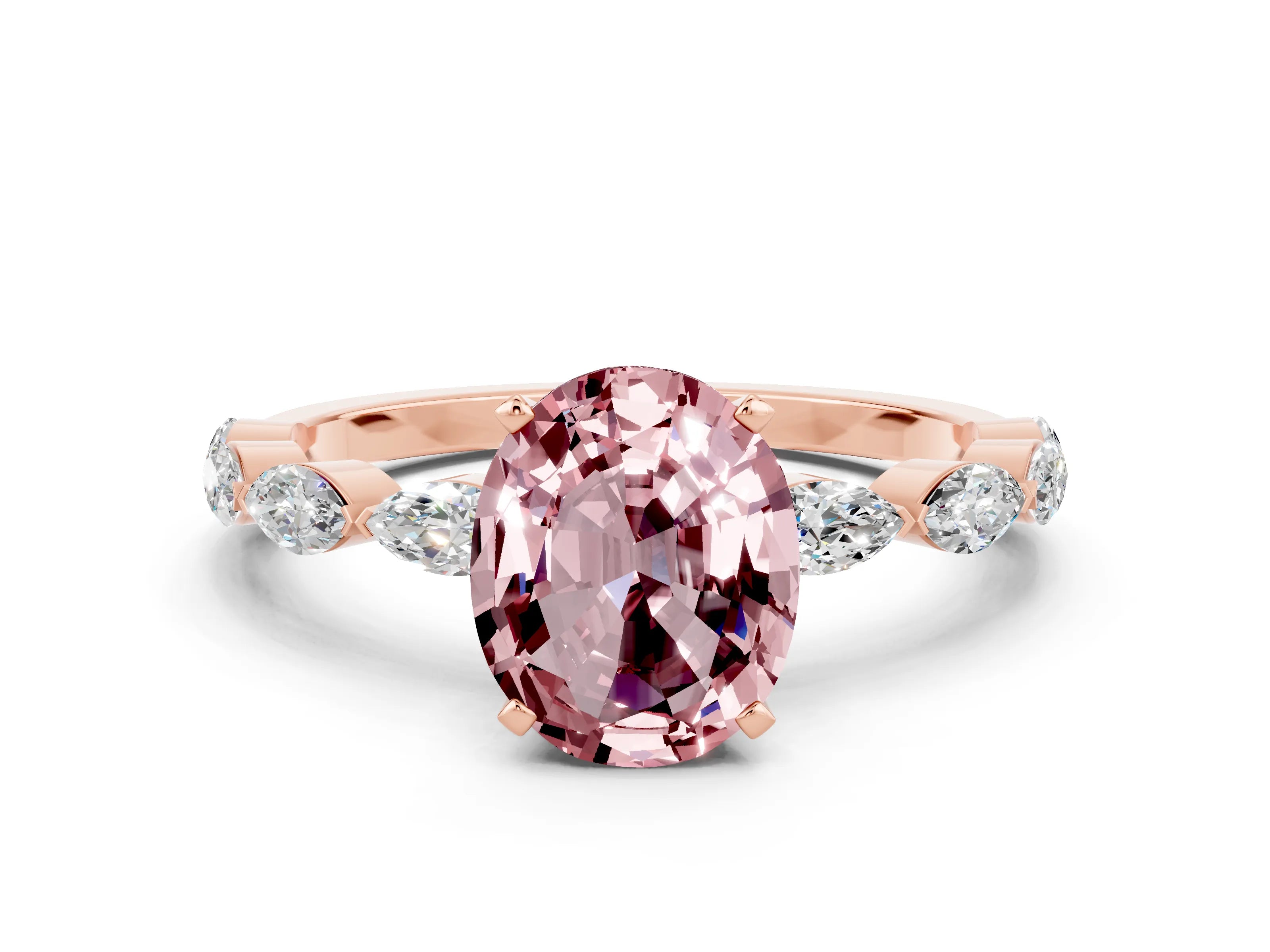 Rose gold Oval Cut Morganite Ring with Marquise Side Stones and Prong Setting