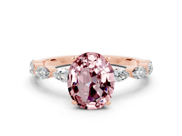 Rose gold Oval Cut Morganite Ring with Marquise Side Stones and Prong Setting
