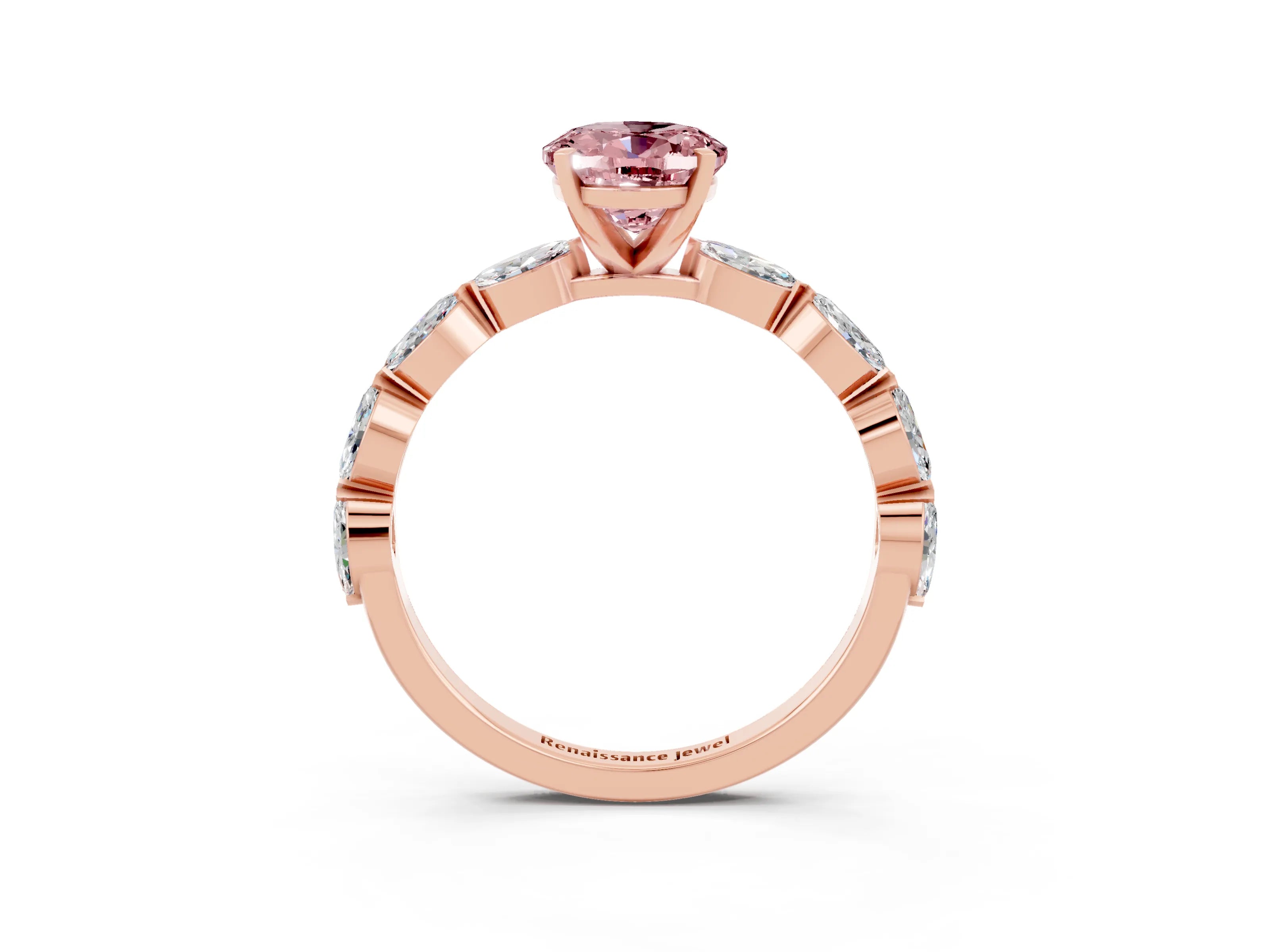 Rose gold Oval Cut Morganite Ring with Marquise Side Stones and Prong Setting_3