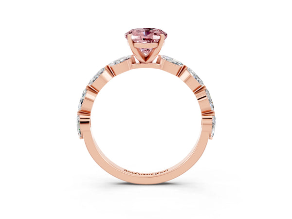 Rose gold Oval Cut Morganite Ring with Marquise Side Stones and Prong Setting
