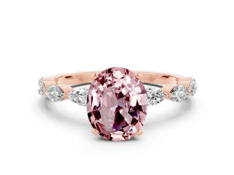 Rose gold Oval Cut Morganite Ring with Marquise Side Stones and Prong Setting