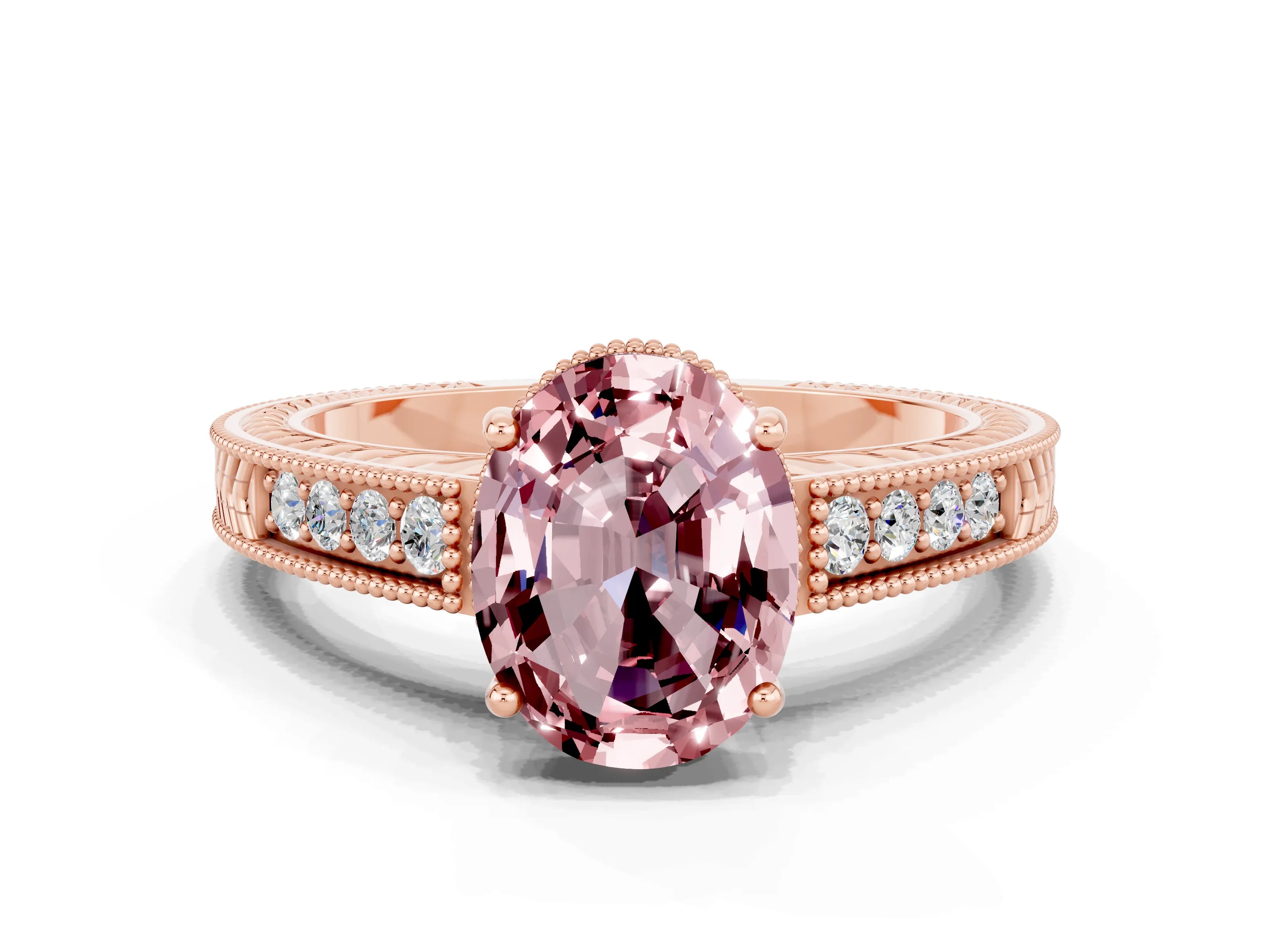 Rose gold Oval Cut Morganite Ring with Milgrain Pavé Band and Four-Prong Setting_12