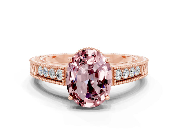 Rose gold Oval Cut Morganite Ring with Milgrain Pavé Band and Four-Prong Setting