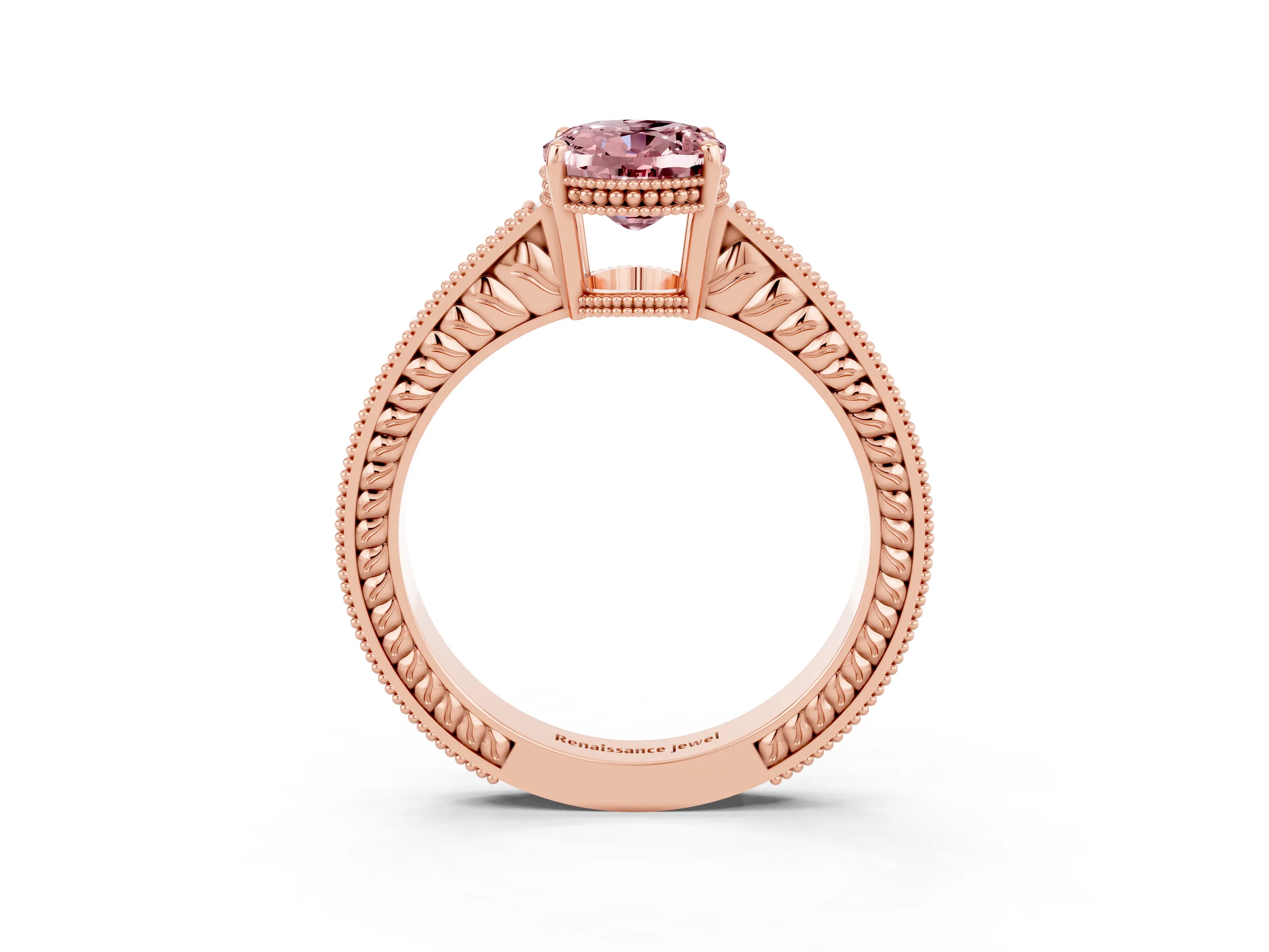 Rose gold Oval Cut Morganite Ring with Milgrain Pavé Band and Four-Prong Setting_15