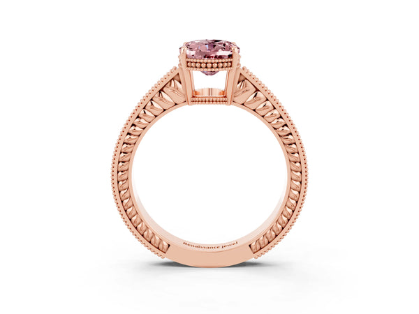 Rose gold Oval Cut Morganite Ring with Milgrain Pavé Band and Four-Prong Setting