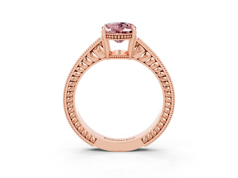 Rose gold Oval Cut Morganite Ring with Milgrain Pavé Band and Four-Prong Setting_15