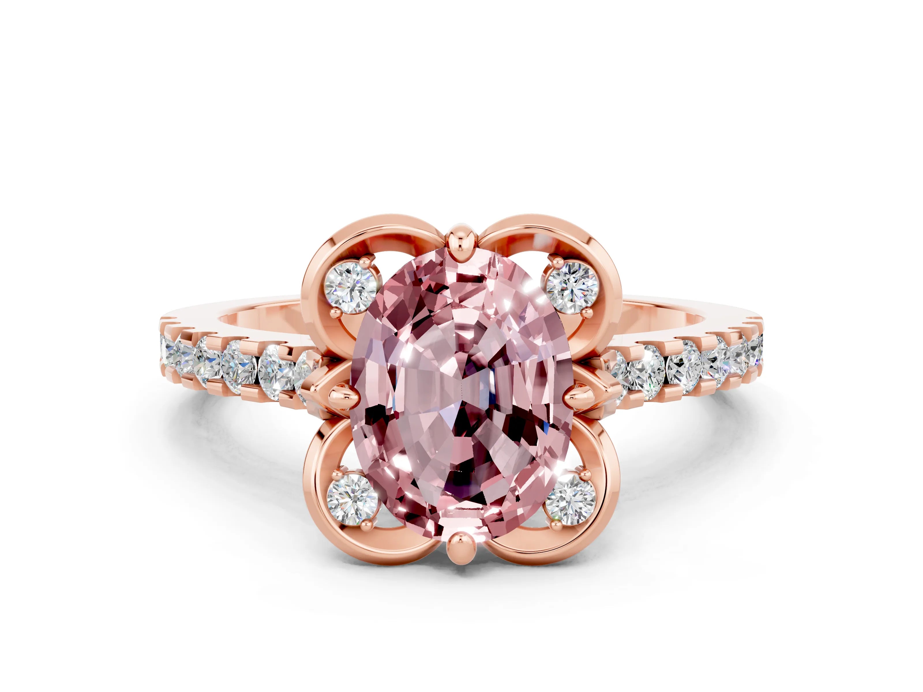 Rose gold Oval Cut Morganite Ring with Pavé Band and Floral Prong Setting