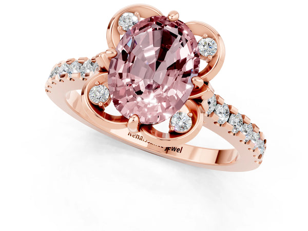 Rose gold Oval Cut Morganite Ring with Pavé Band and Floral Prong Setting