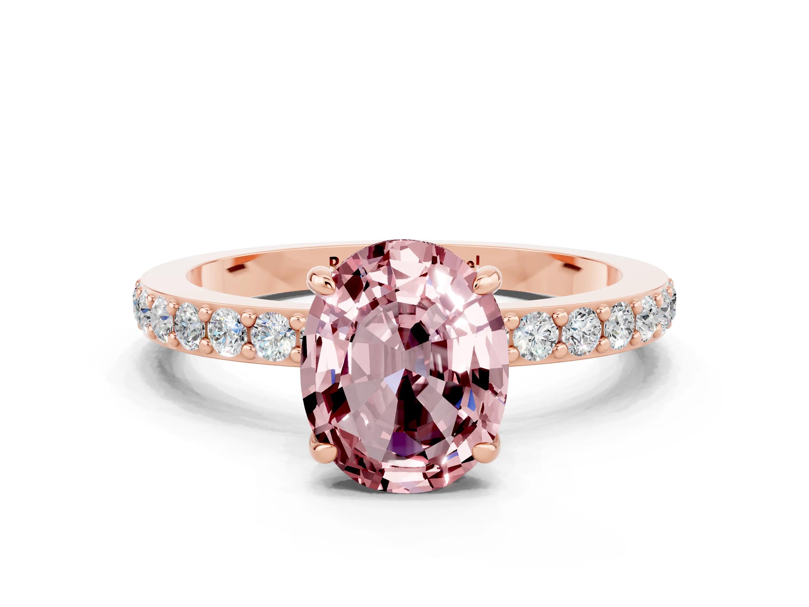 Rose gold Oval Cut Morganite Ring with Pavé Band and Four-Prong Setting