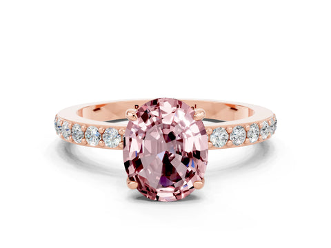Rose gold Oval Cut Morganite Ring with Pavé Band and Four-Prong Setting