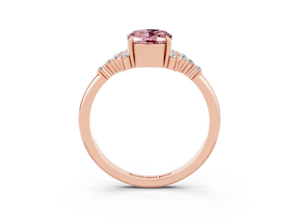 Rose gold Oval Cut Morganite Ring with Side Stones and Four-Prong Setting