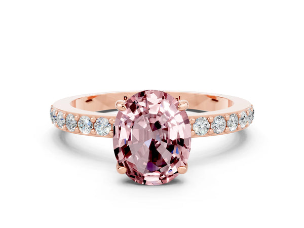 Rose gold Oval Cut Morganite Solitaire Engagement Ring with Pavé Band and Four-Prong Setting