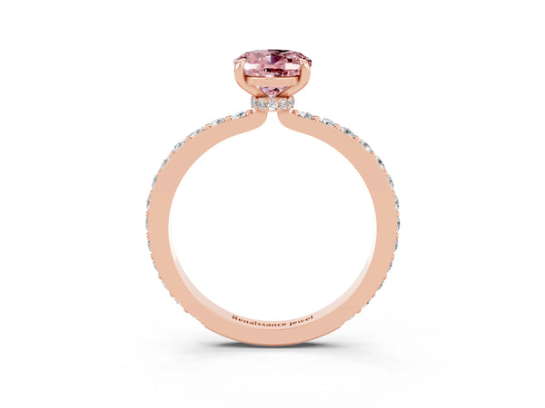 Rose gold Oval Cut Morganite Solitaire Engagement Ring with Pavé Band and Four-Prong Setting