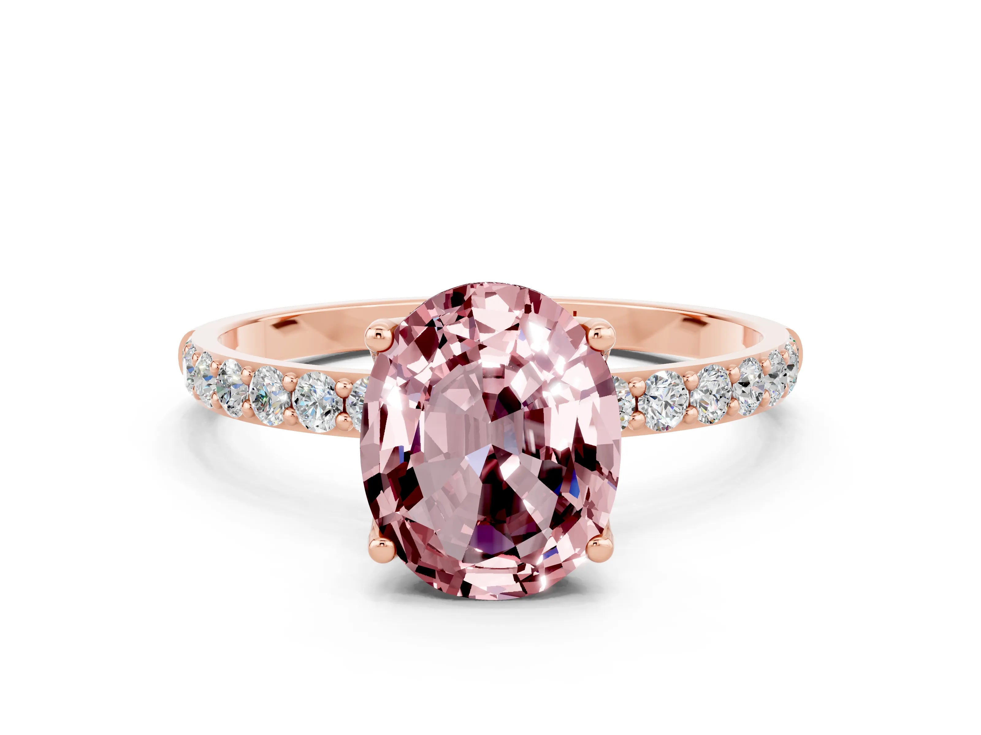 Rose gold Oval Cut Morganite Solitaire Engagement Ring with Pavé Band and Prong Setting
