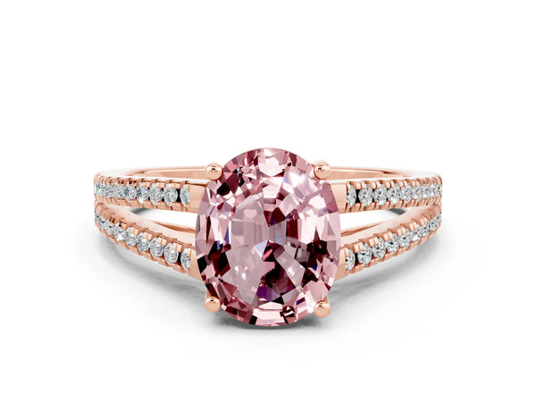 Rose gold Oval Cut Morganite Solitaire Engagement Ring with Split Shank Pavé Band