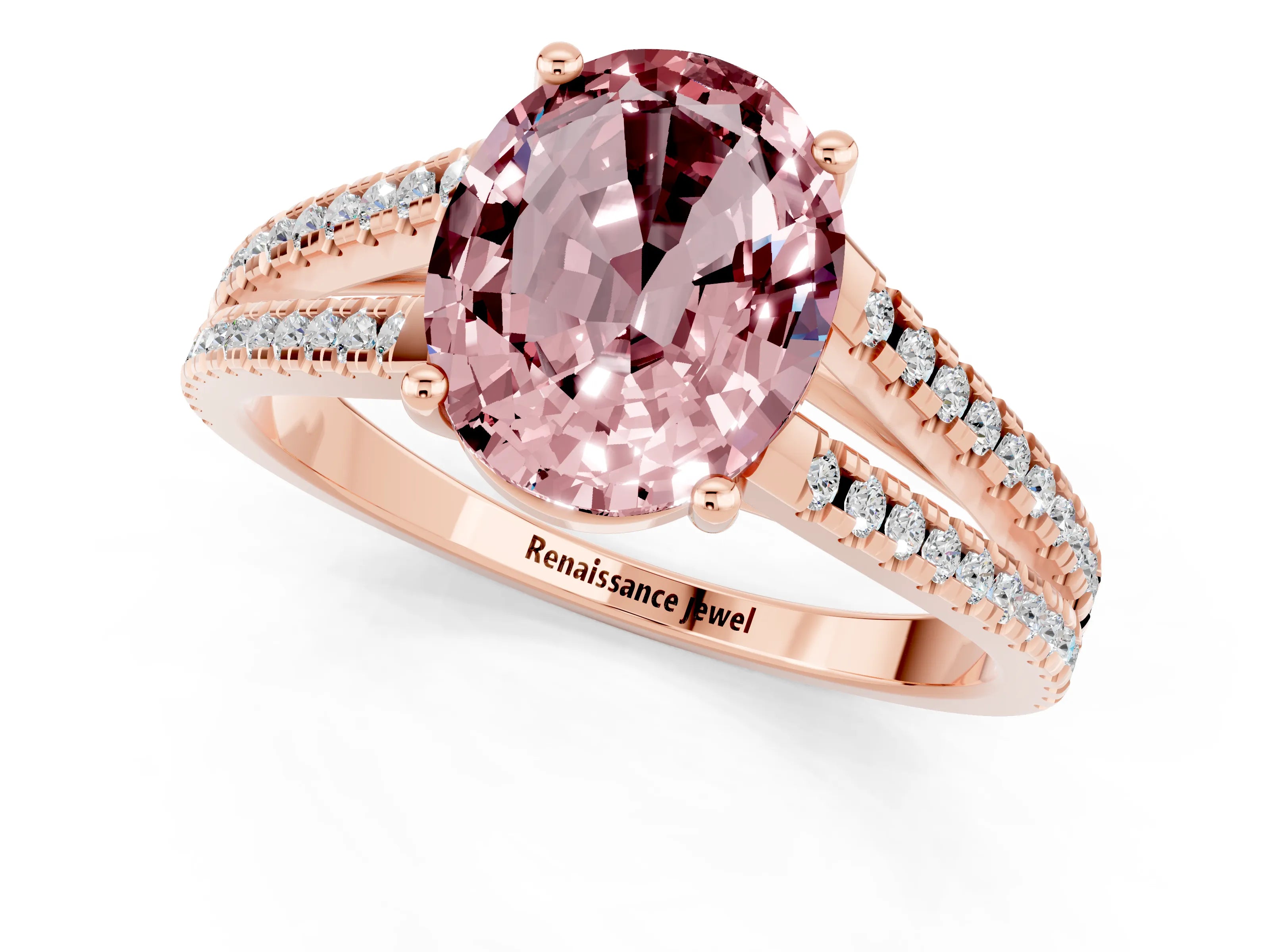 Rose gold Oval Cut Morganite Solitaire Engagement Ring with Split Shank Pavé Band_1