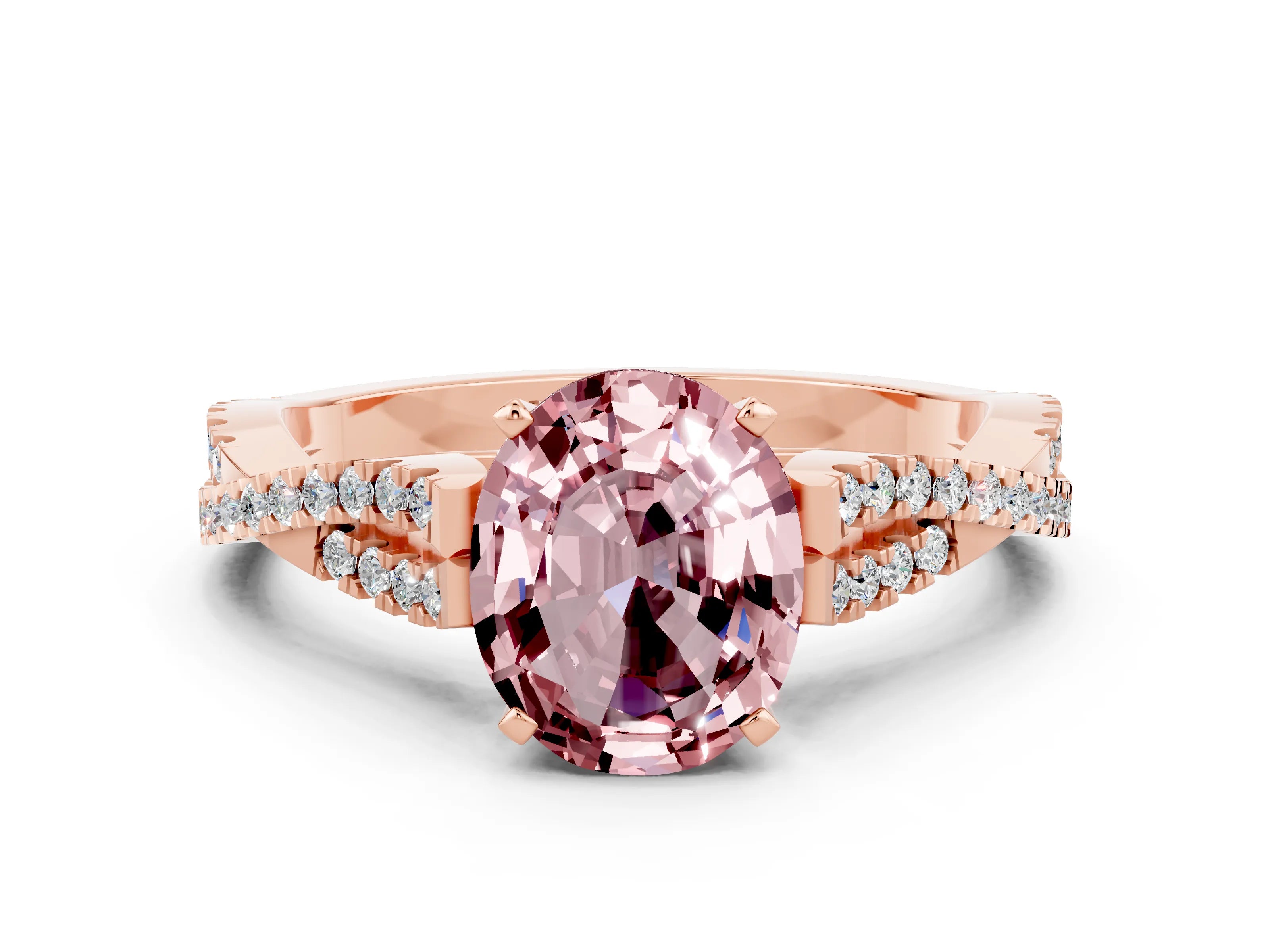 Rose gold Oval Cut Morganite Solitaire Engagement Ring with Twisted Pavé Band and Four-Prong Setting