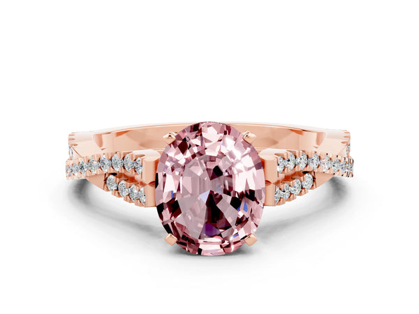 Rose gold Oval Cut Morganite Solitaire Engagement Ring with Twisted Pavé Band and Four-Prong Setting