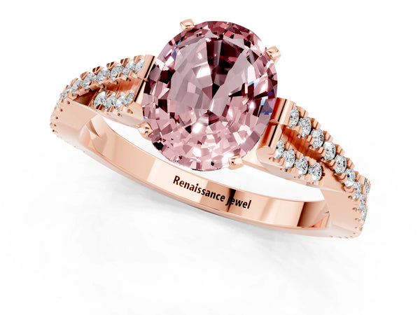 Rose gold Oval Cut Morganite Solitaire Engagement Ring with Twisted Pavé Band and Four-Prong Setting