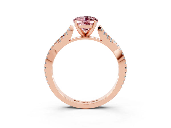 Rose gold Oval Cut Morganite Solitaire Engagement Ring with Twisted Pavé Band and Four-Prong Setting