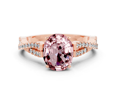 Rose gold Oval Cut Morganite Solitaire Engagement Ring with Twisted Pavé Band and Four-Prong Setting
