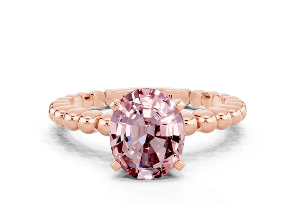 Rose gold Oval Cut Morganite Solitaire Ring with Beaded Band and Prong Setting