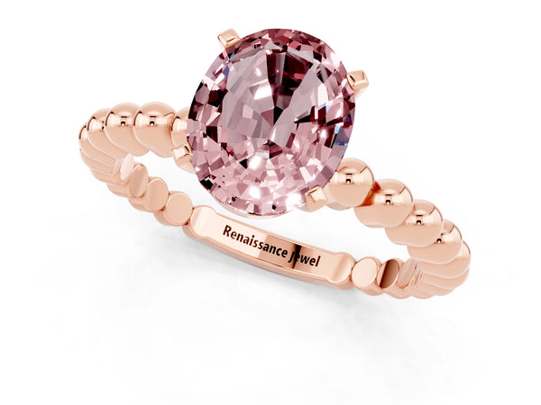 Rose gold Oval Cut Morganite Solitaire Ring with Beaded Band and Prong Setting
