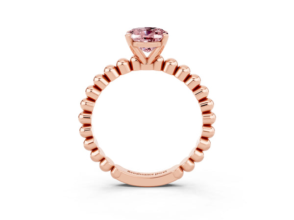 Rose gold Oval Cut Morganite Solitaire Ring with Beaded Band and Prong Setting