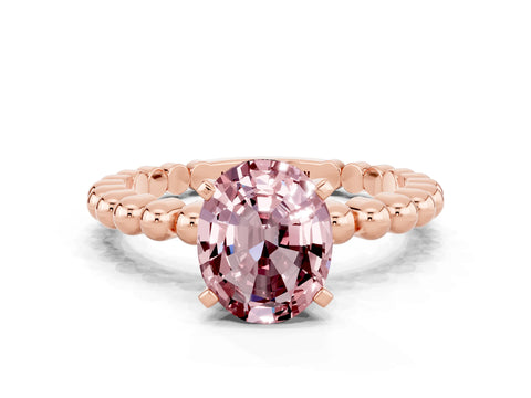 Rose gold Oval Cut Morganite Solitaire Ring with Beaded Band and Prong Setting