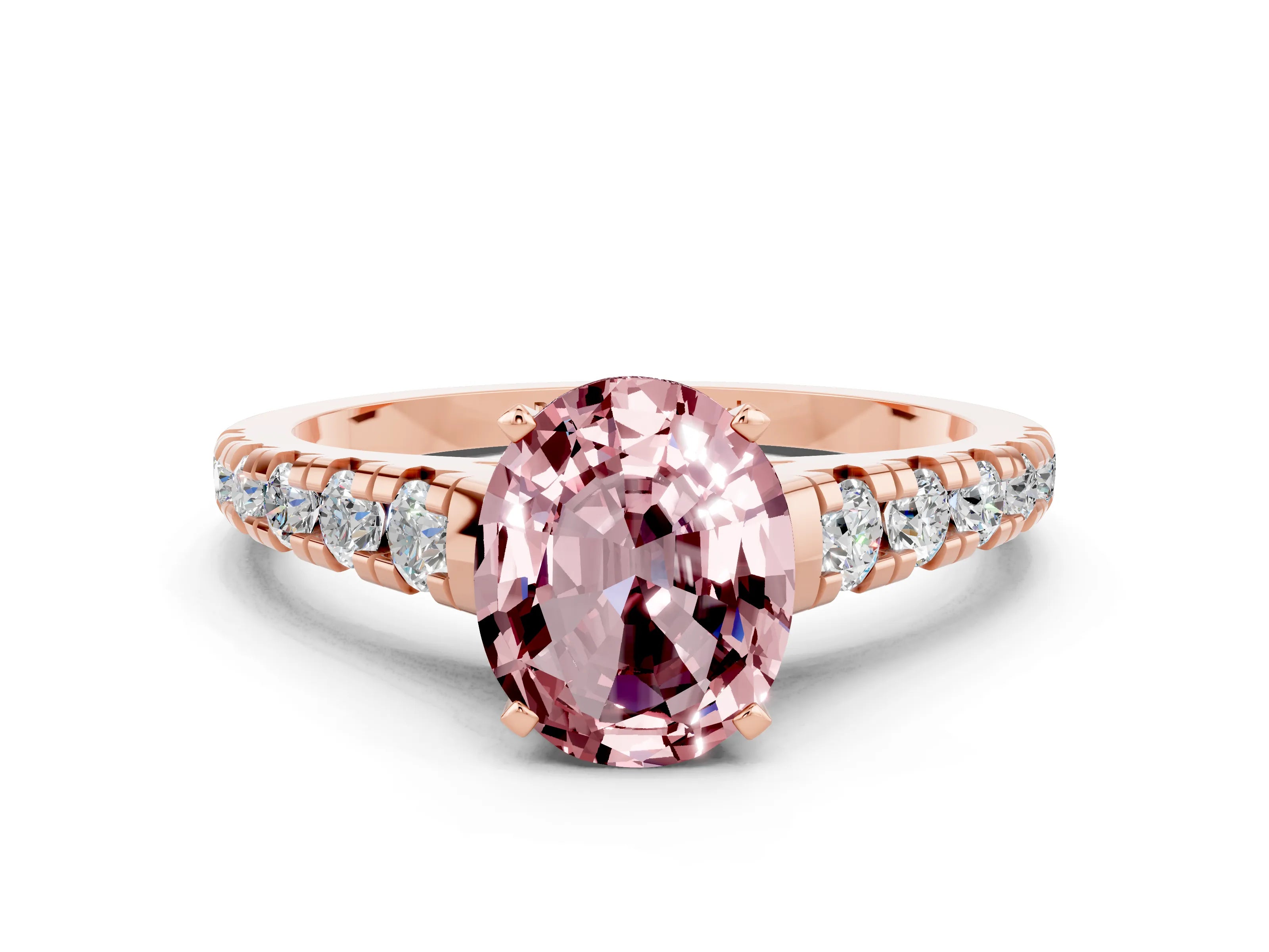 Rose gold Oval Cut Morganite Solitaire Ring with Cathedral Setting and Pavé Band
