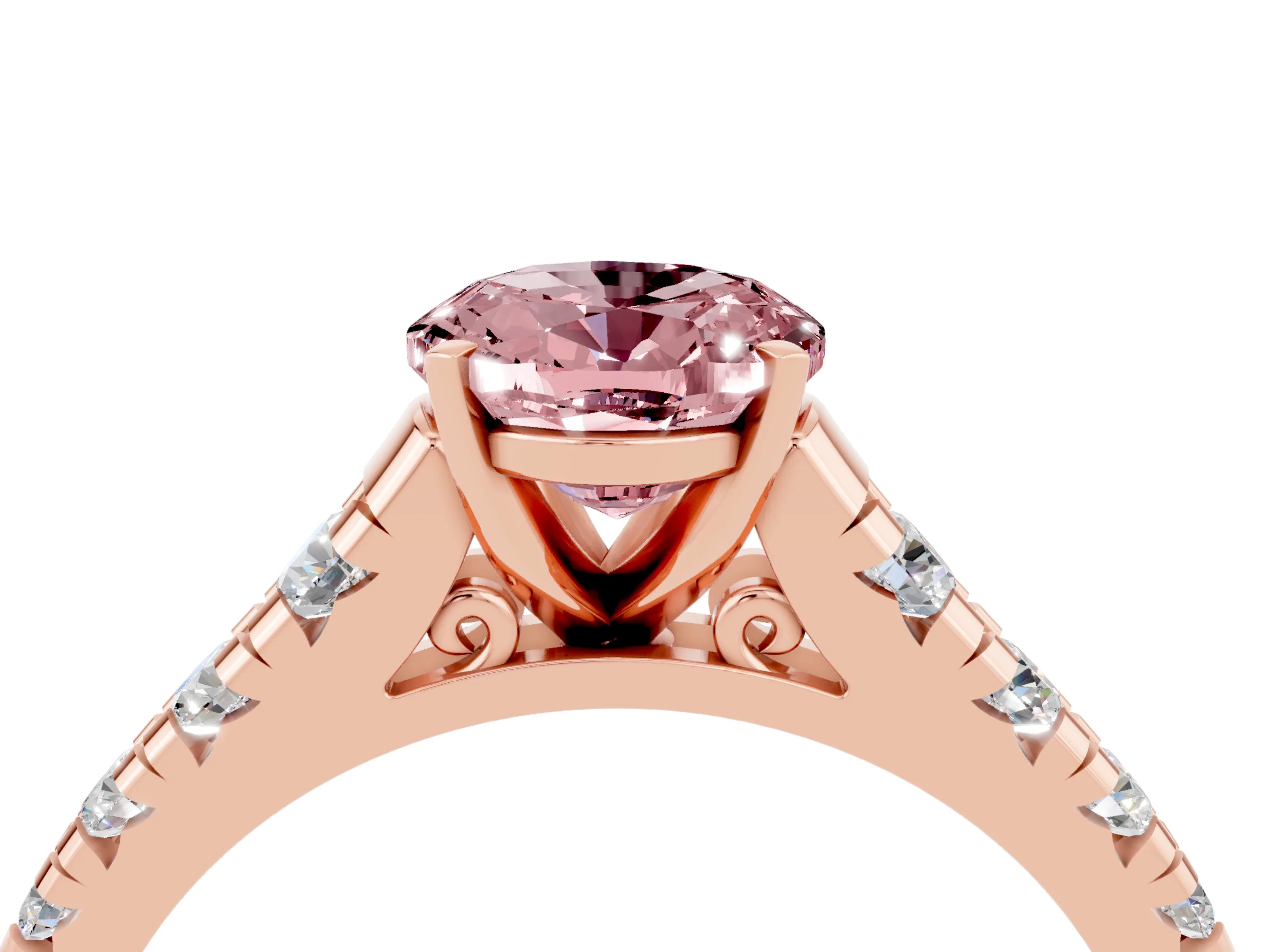 Rose gold Oval Cut Morganite Solitaire Ring with Cathedral Setting and Pavé Band_4