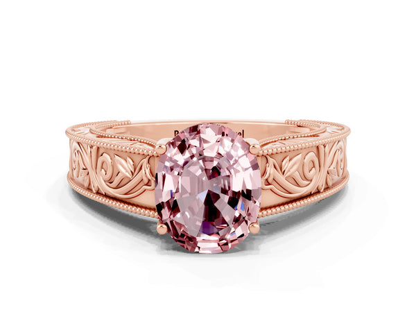 Rose gold Oval Cut Morganite Solitaire Ring with Engraved Band and Four-Prong Setting