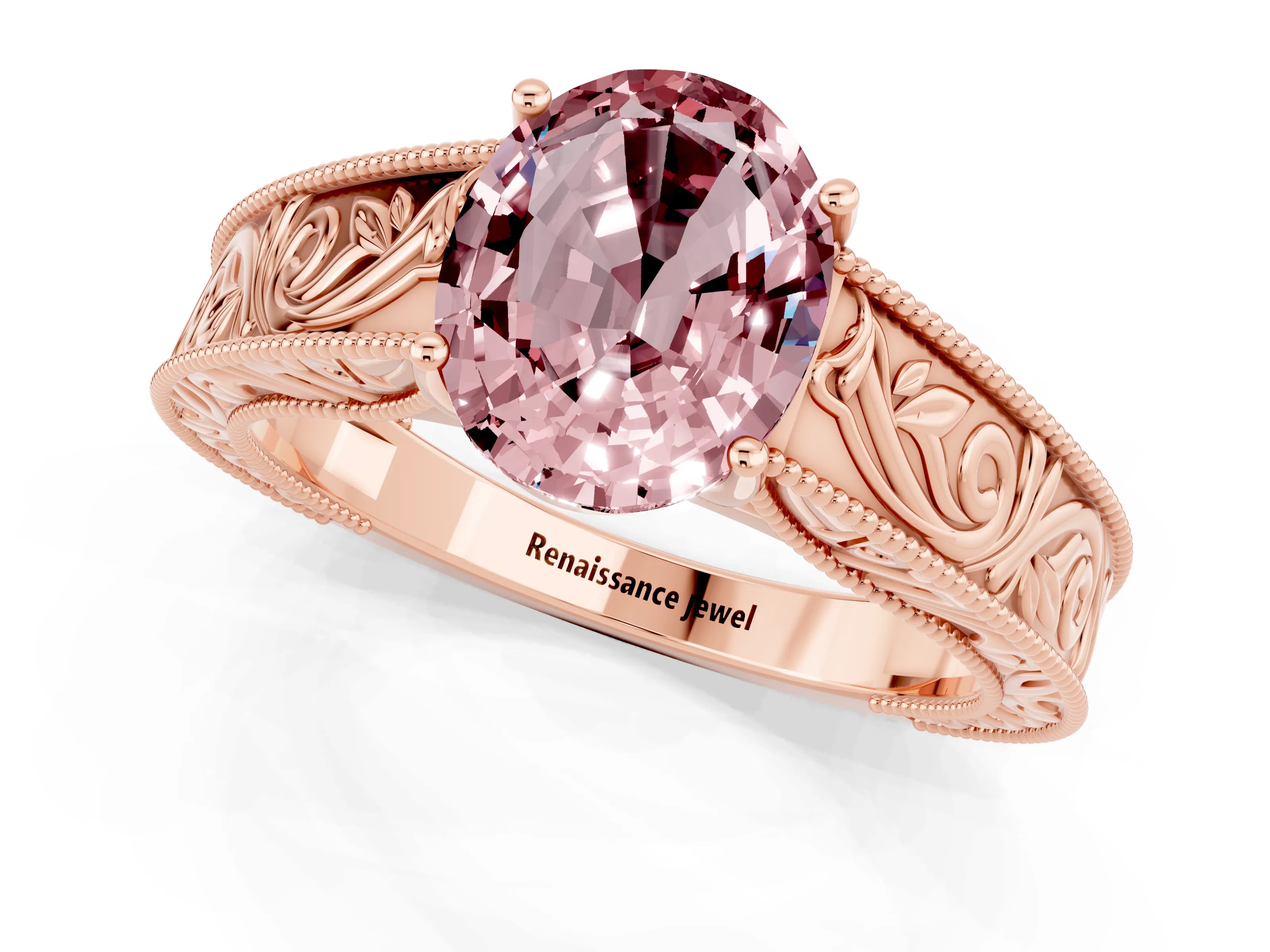 Rose gold Oval Cut Morganite Solitaire Ring with Engraved Band and Four-Prong Setting_1