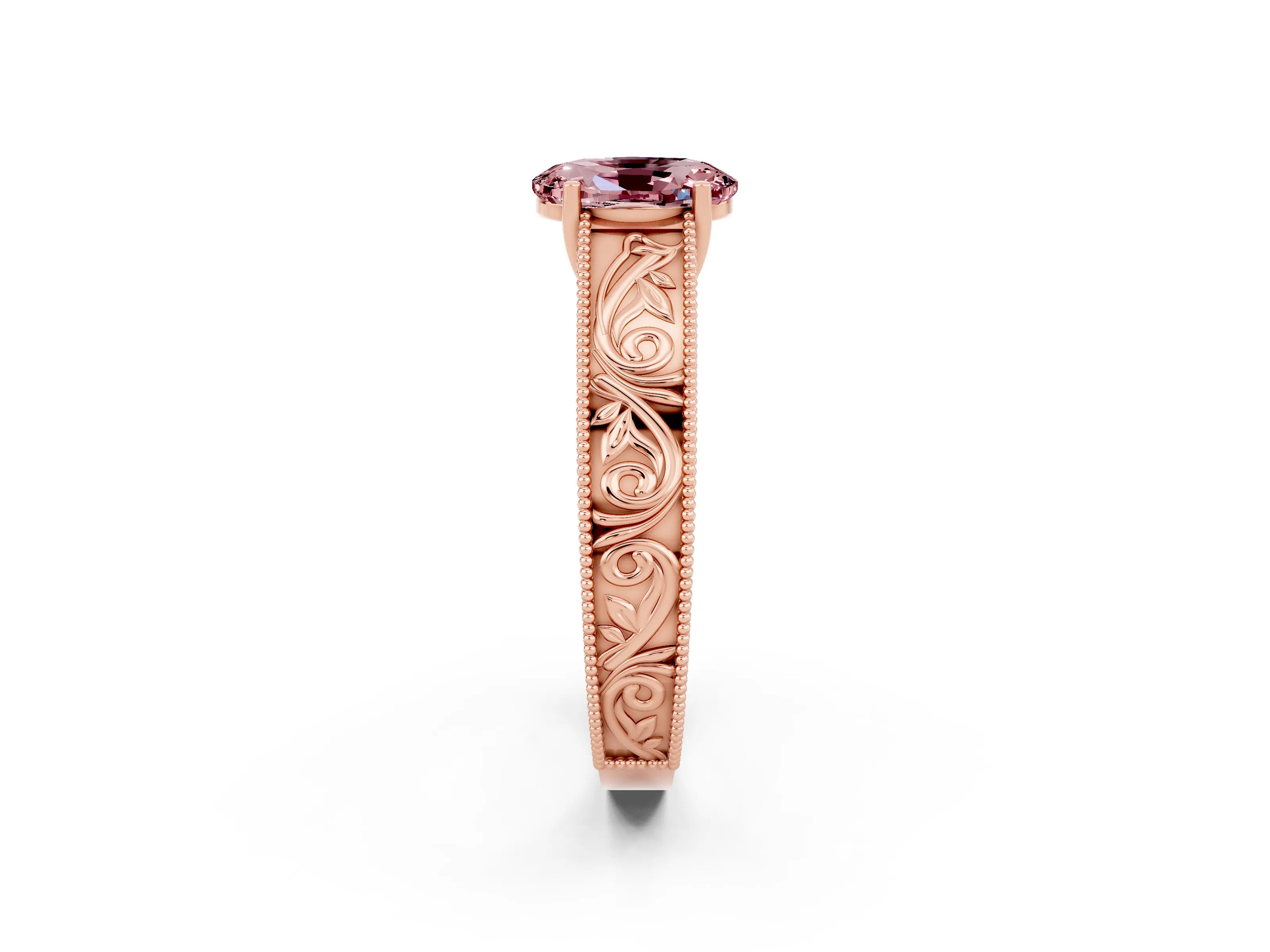 Rose gold Oval Cut Morganite Solitaire Ring with Engraved Band and Four-Prong Setting_2