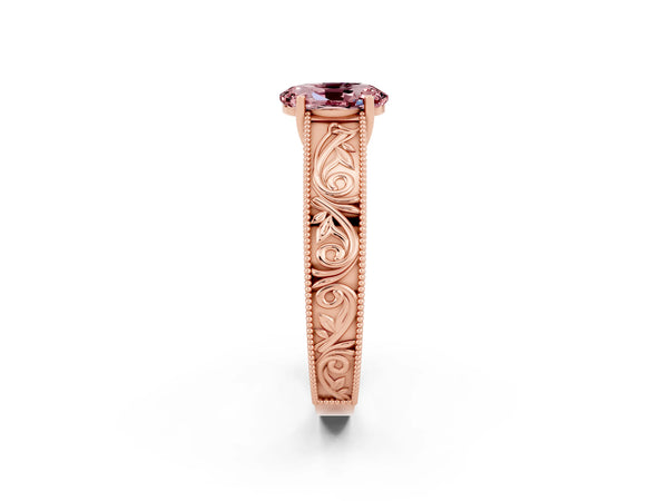 Rose gold Oval Cut Morganite Solitaire Ring with Engraved Band and Four-Prong Setting