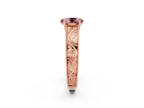 Rose gold Oval Cut Morganite Solitaire Ring with Engraved Band and Four-Prong Setting_2