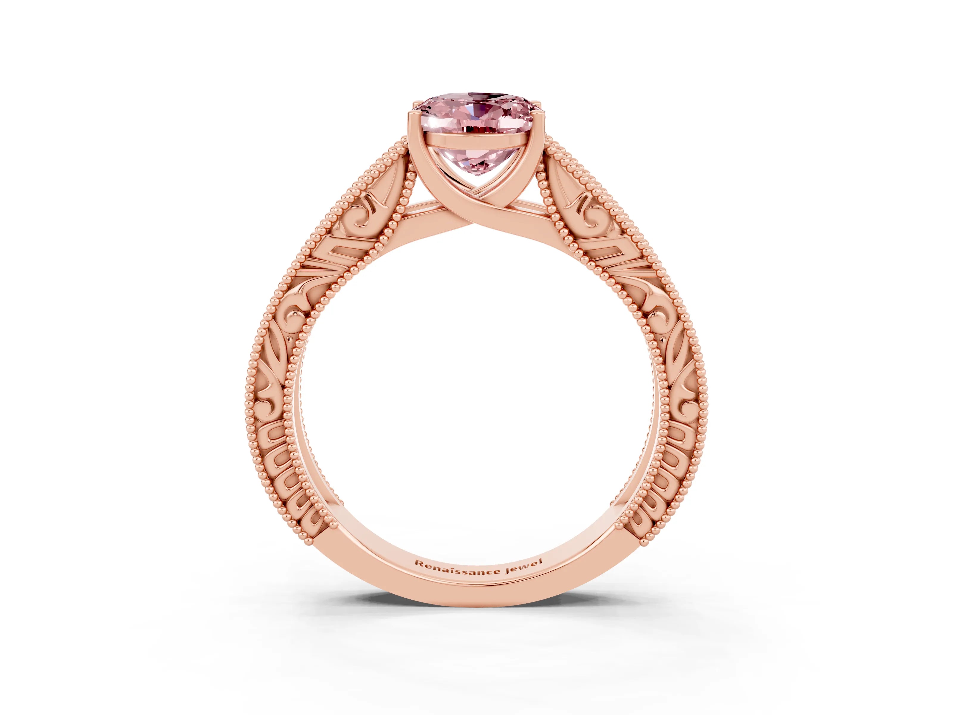 Rose gold Oval Cut Morganite Solitaire Ring with Engraved Band and Four-Prong Setting_3