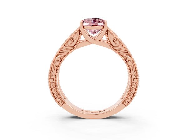 Rose gold Oval Cut Morganite Solitaire Ring with Engraved Band and Four-Prong Setting
